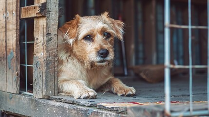 sad dog sitting in the kennel enclosure.