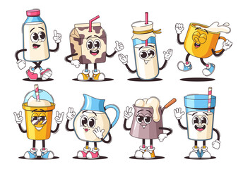Cheerful Retro Dairy Product Characters With Expressive Faces And Poses. Cartoon Vector Illustration Of Milk Containers