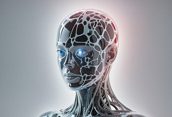 Technological advancements in brain integration: Illuminated neural strands connecting to futuristic entities