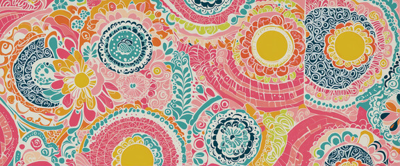 Vintage groovy psychedelic square pattern collection with pastel floral prints and happy face designs, inspired by 60s and 70s aesthetics