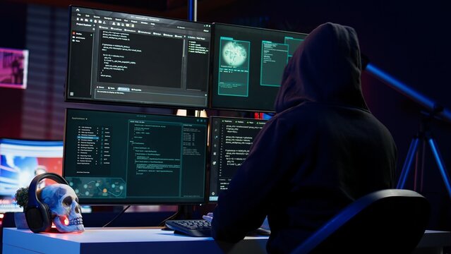 Cybercriminal coding, developing zero day exploit undetectable by antivirus software installed on systems, close up shot. Hooded developer building script able to trick firewalls, camera B