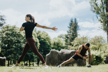 A focused woman performs stretching exercises while a man takes a break, both surrounded by lush...