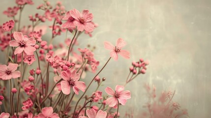 Spring Saxifraga Pink Wildflowers with Vintage Floral Background