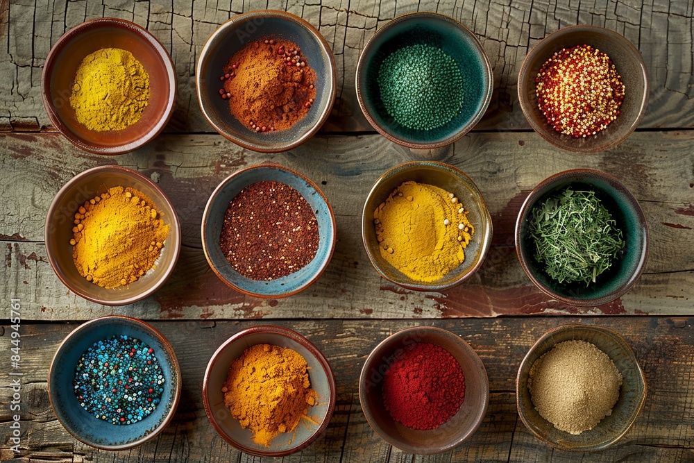 Poster top-down view of colorful spices in ceramic bowls on rustic wooden surface. generative ai