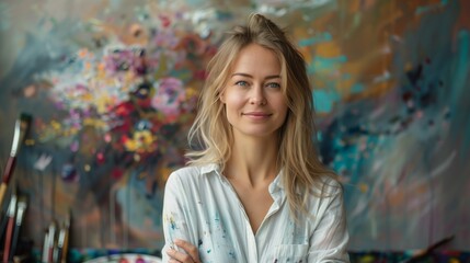 Naklejka premium An artist in a white shirt stands in her studio, smiling with brushes and a palette