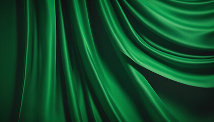 Fototapeta premium Elegant Green Silk Drapery Wave Banner on Dark Vibrant Background