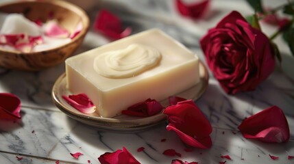 Cream soap and rose petals for beauty