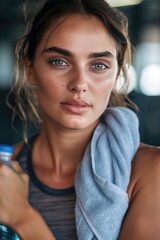Young sporty woman is holding a bottle of water and a towel after a workout at the gym. She is looking directly at us with a confident expression