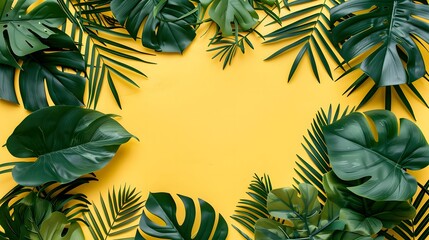 Naklejka premium 黄色の背景に緑の葉で囲まれたフレーム