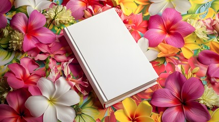 鮮やかな花の背景と無地の白い表紙の本