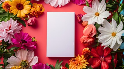 Obraz premium 鮮やかな花の背景と無地の白い表紙の本