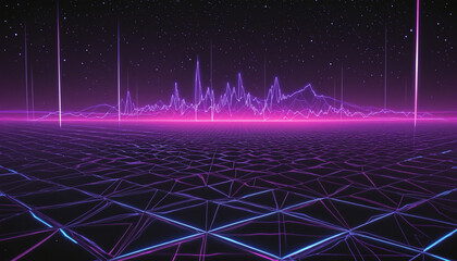 Night sky inspired retro futuristic neon grid textures in vibrant purple and blue hues, perfect for a trendy 90s disco party backdrop or futuristic web template