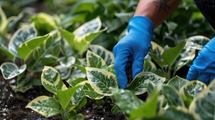 Naklejka premium Person with a blue glove is delicately transplanting young variegated green and white plants showcasing gardening skills
