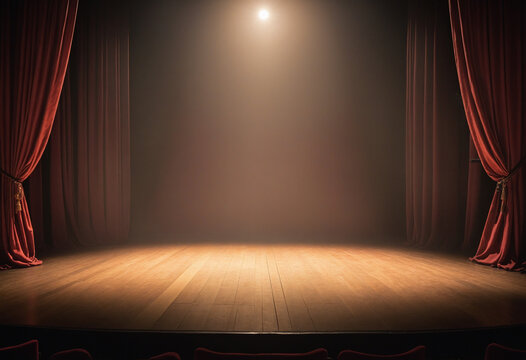 Brilliant stage illumination sets the scene for a captivating theatre performance, adorned with warm ambiance colors, fog, and elegant backdrop decoration to create an unforgettable entertainment show