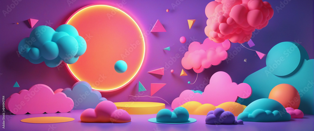Wall mural 3d render of a vibrant neon collection of geometric shapes and colorful clouds, creating an abstract