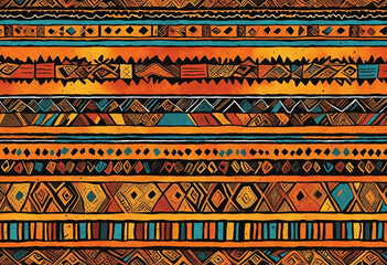 Traditional African tribal pattern featuring vibrant red, orange, and yellow hues with a geometric design and grunge texture, perfect for textiles and clothing