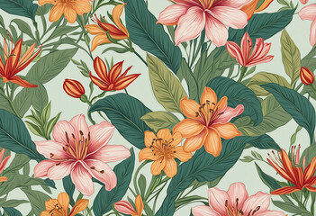 Modern floral botanical pattern wallpaper featuring a seamless, artistic design inspired by 20th...