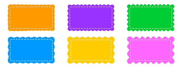 Set or colorful rectangle patches with scalloped borders and stitch lines. Tags, labels, or coupons rectangular boxes with curvy edges isolated on white background. Vector flat illustration.