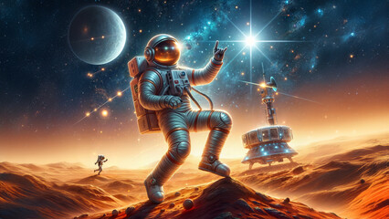 Astronauts dancing in space. Man moving on the sand. Spacecraft and entertainment