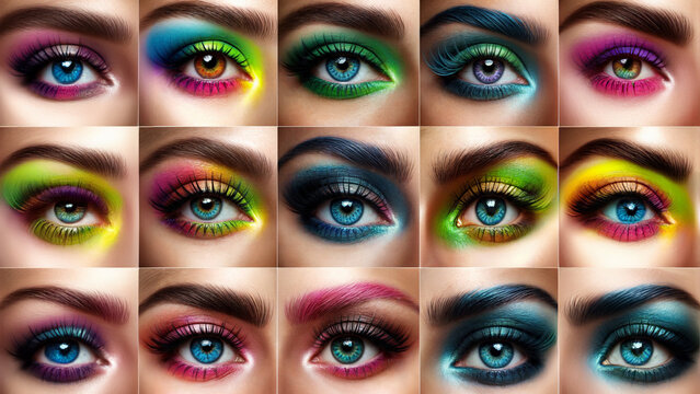 Female eyes with different make-up. Remarkable beauty painted with mascara. colorful looks