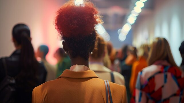 Through the defocused background attendees of the fashion exhibition gather in s admiring the unique designs and bold statements showcased on the runway each person bringing their .