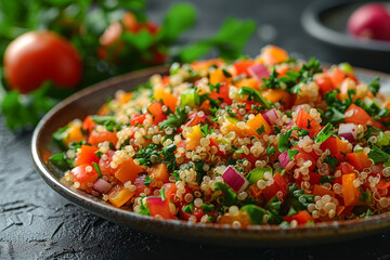 A plate of quinoa salad, symbolizing whole grains. Concept of fiber-rich diet. Generative Ai.