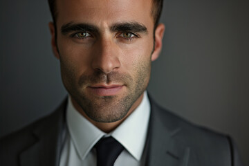 Young businessman in a suit and tie looks confident and determined, reflecting success in the corporate world. His serious expression and stylish appearance make him a leader in finance