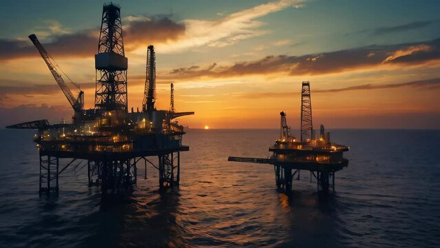 Oil rigs at sunset with clouds background Oil field the oil workers oil refinery and industrial concept
