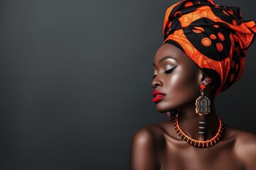 Stylish African woman in a traditional black and orange headscarf, necklace and earrings posing on a dark background. A beautiful ethnic fashion model with long hair. beautiful African turban