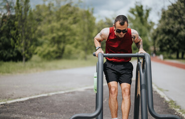 Obraz premium A dedicated sportsman focuses intently while exercising on horizontal metal bars set against a lush, green park.