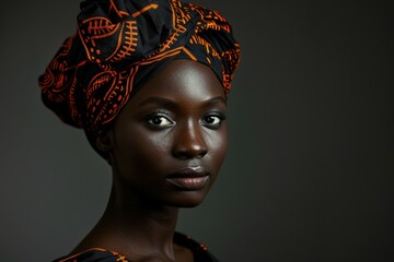 Stylish African woman in a traditional black and orange headscarf, necklace and earrings posing on a dark background. A beautiful ethnic fashion model with long hair. beautiful African turban