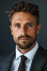 Confident young businessman in sharp suit and tie poses in studio, exuding success and ambition with striking blue eyes and well-groomed beard