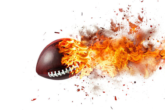 american footbal lball with bright flame flying on white background