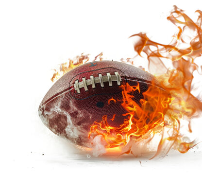 american footbal lball with bright flame flying on white background