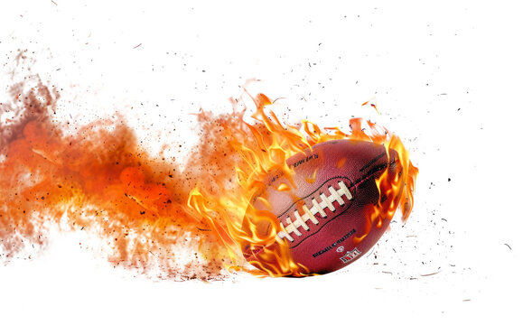 american footbal lball with bright flame flying on white background