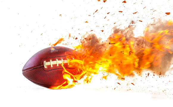 american footbal lball with bright flame flying on white background