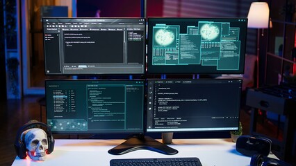 Close up of desk in criminals den and hacking software interface on PC used for stealing data and blackmailing victims. Technology in apartment used for deploying DDOS attacks scripts