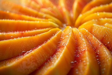 Mango slices laid out to resemble a sunburst. Concept of tropical health benefits. Generative Ai.