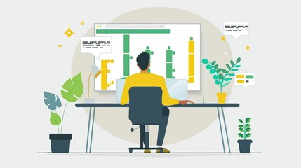Fototapeta premium Man Working at a Desk With a Chart on the Wall. AI Generative