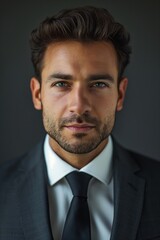 Confident young businessman in sharp suit exudes professionalism and ambition in studio portrait. Leadership, trustworthiness, and reliability shine through