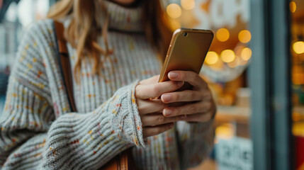Woman Using Mobile Phone for Online Purchase. AI Generative