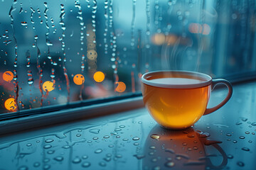 A cup of hot tea steaming on a windowsill during a rainy day. Concept of comfort and tranquility. Generative Ai.