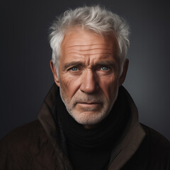 Obraz premium A man with a beard and gray hair is wearing a black coat and scarf. He has a serious expression on his face