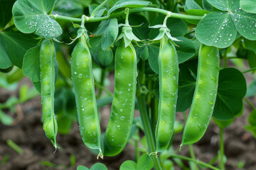 Bunch of pea pods hanging from a lush green plant in a garden. AI generated.