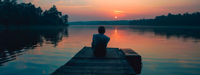 A person sitting on a dock at sunset.