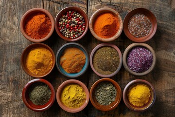 A top-down view of various spices arranged in ceramic bowls on a rustic wooden surface. Generative AI
