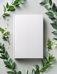 Photo of a book mockup decorated with flowers and other decorations, featuring an elegant and artistic design.