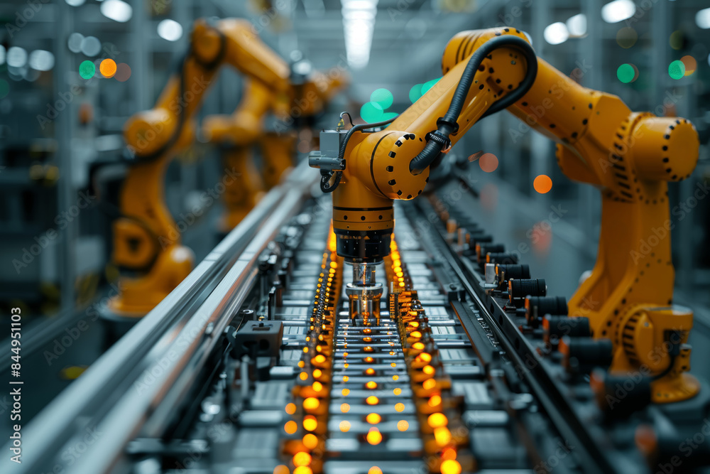 Poster a robotic arm assembling components on a production line. concept of industrial automation and effic