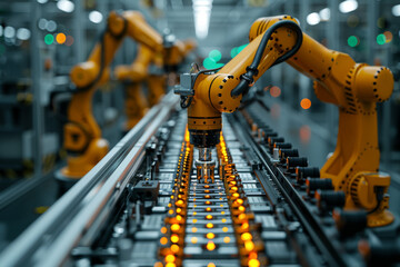 A robotic arm assembling components on a production line. Concept of industrial automation and efficiency. Generative Ai.