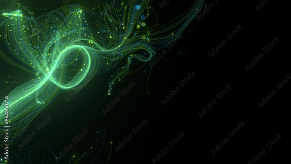 Wall mural futuristic stream of neon rays. optical fibers with data signals. particle trails background. commun